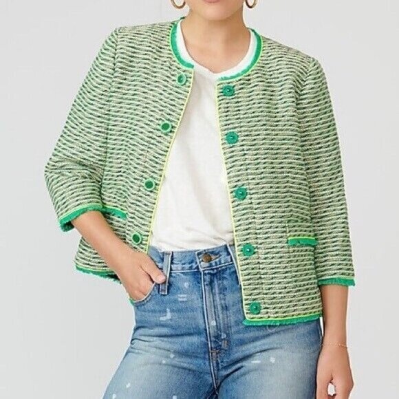 NWT J.Crew Cropped Lady Jacket in Seaweed Tweed Neon Piping 12 - Picture 2 of 7